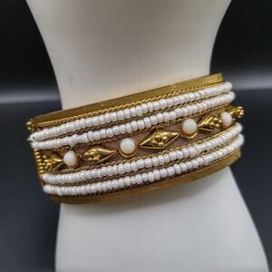 Vintage Beaded Mesh Gold Tone Hinged Bracelet, India Style, 7 1/2 Inches